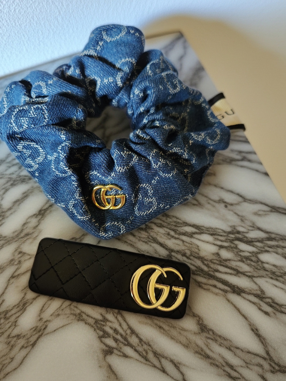 Gucci Blue Denim GG Logo Scrunchie & GG Clip